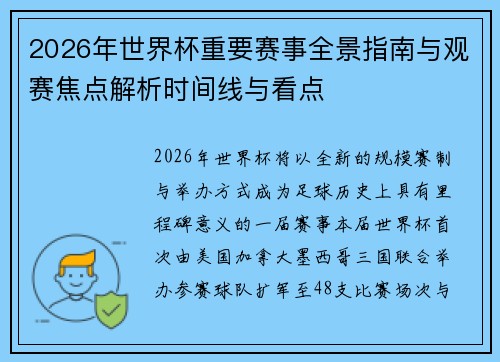 2026年世界杯重要赛事全景指南与观赛焦点解析时间线与看点