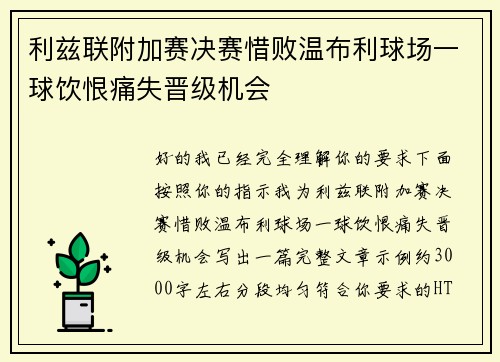 利兹联附加赛决赛惜败温布利球场一球饮恨痛失晋级机会